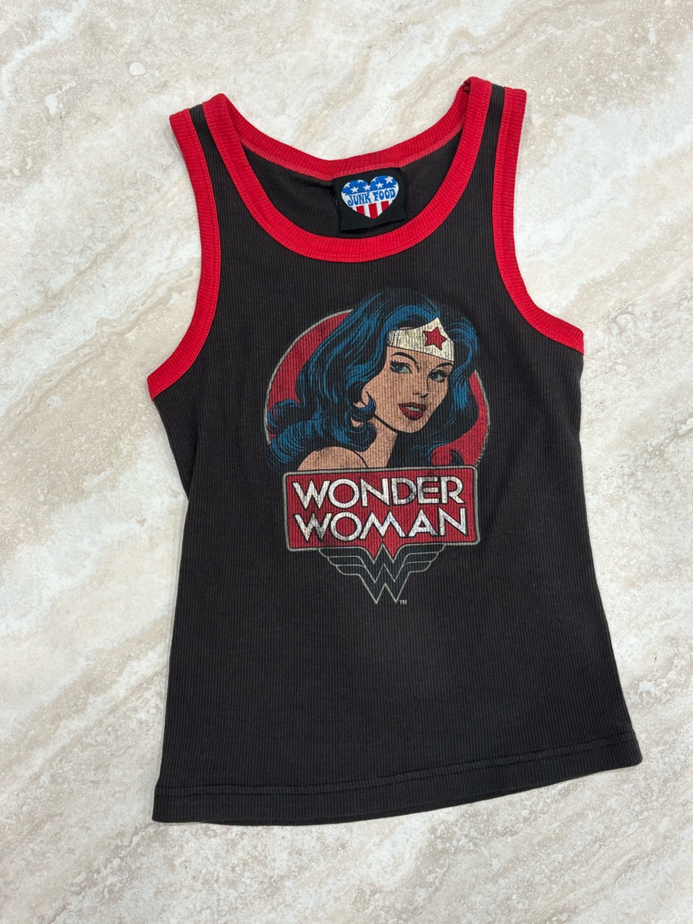 Junk Food Clothing Black Tank with Red Trim Wonder Woman Graphic